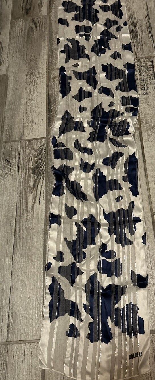 Vintage Bill Blass 80s High Contrast Print Scarf 11”x55” Navy Silver Vertical - Picture 2 of 7